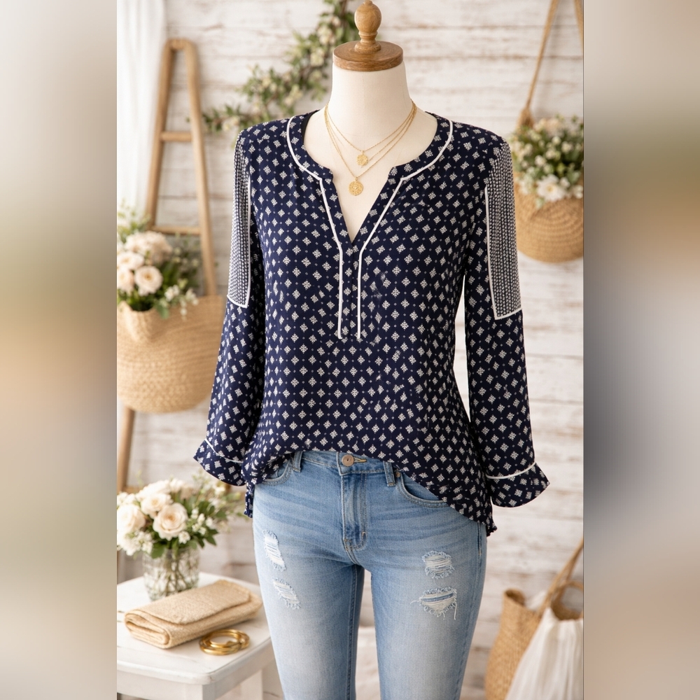 LOFT ANN TAYLOR SIZE M‎ TOP NAVY BLUE WHITE BLOUSE FALL GUC - Picture 2 of 15